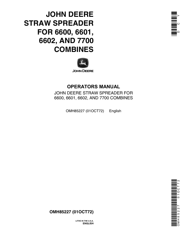 John Deere Straw Spreader for 6600, 6601, 6602, 7700 Combines Operator's Manual (OMH85227)