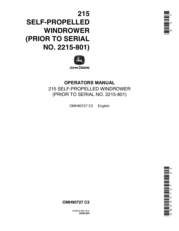 John Deere 215 Self-Propelled Windrower (-000801) Operator's Manual (OMH90727)