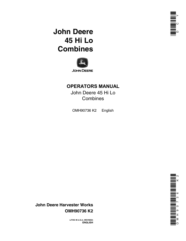 John Deere 45 Hi Lo Combines Operator's Manual (OMH90736)