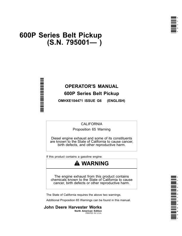 John Deere 600P - Series 615P Belt Pickups (North American) Operator's Manual (OMHXE104471)