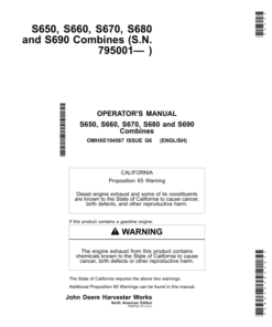 John Deere S650, S660, S670, S680 & S690 Combines (North American) Operator's Manual (OMHXE104567)