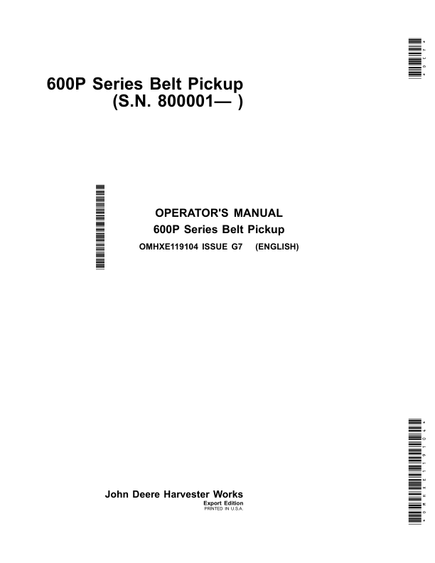 John Deere 600P Series Belt Pickup 615P Operator's Manual (OMHXE119104)