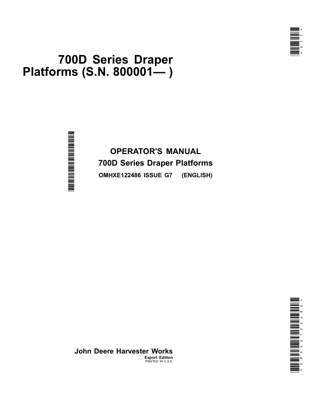 John Deere 700D Series Draper Platforms 725D, 730D, 735D & 740D Operator's Manual (OMHXE122486)