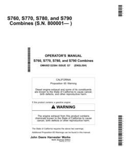 John Deere S760, S770, S780 & S790 Combines (S.N. 800001- ) (North America Edition) Operator's Manual (OMHXE122584)