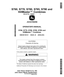 John Deere S760, S770, S780, S785, S790, HillMaster Combines (New-Zealand/Australian Edition) (Manufactured by Zweibrucken) Operator's Manual (OMHXE150121)