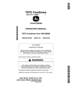 John Deere T670 Combines (120000-) Operator's Manual (OMHXE150294)