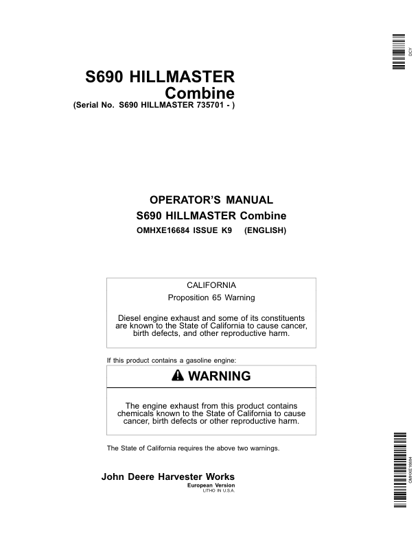 John Deere S690 HILLMASTER Combine (735701-) Operator's Manual (OMHXE16684)
