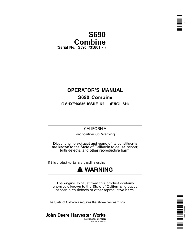John Deere S690 Combines European Edition (735601-740100) Operator's Manual (OMHXE16685)