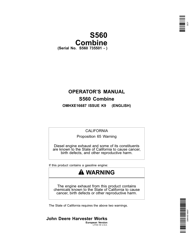 John Deere S560 Combine (735501-) Operator's Manual (OMHXE16687)