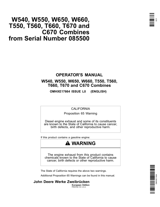 John Deere W540, W550, W650, W660, T550, T560, T660, T670 & C670 Combines Operator's Manual (OMHXE17664)