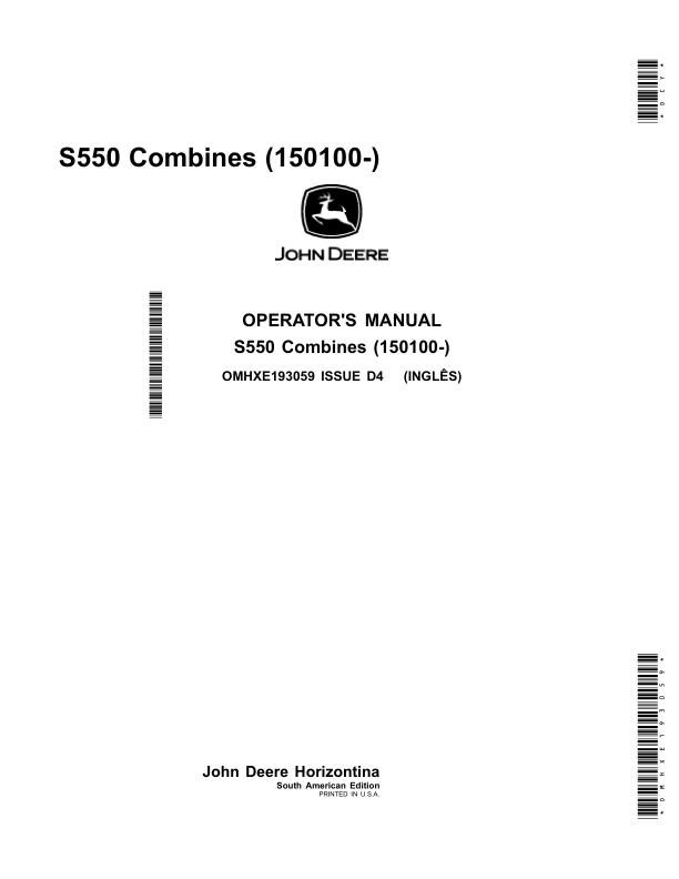 John Deere S550 Combines (150100-) Operator's Manual (OMHXE193059)