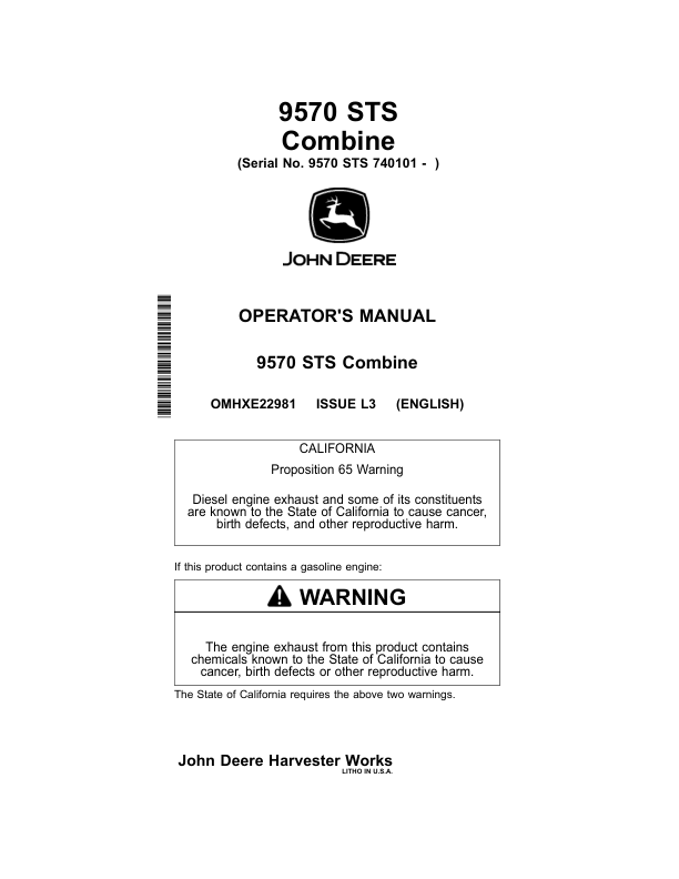 John Deere 9570 STS Combine (740101-) Operator's Manual (OMHXE22981)