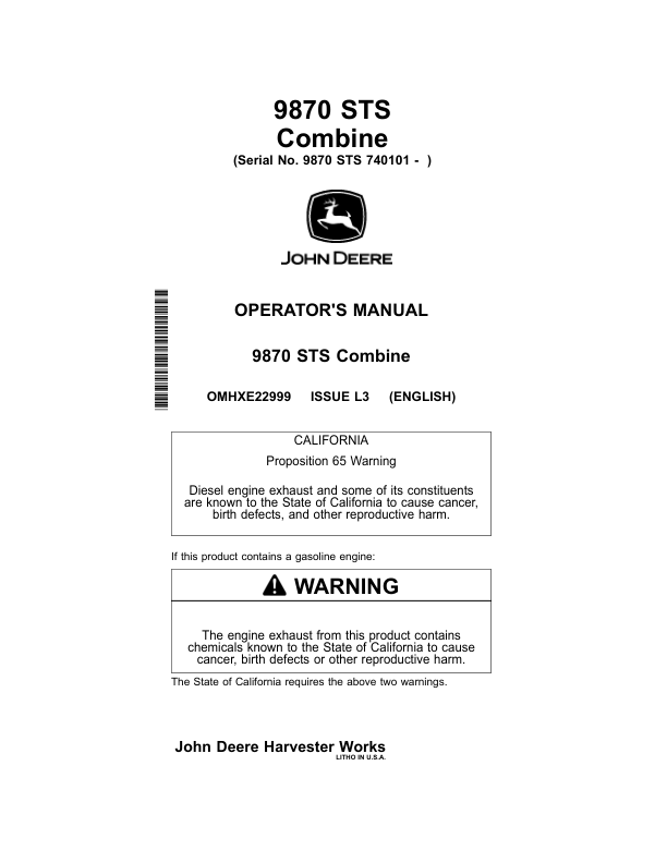 John Deere 9870 STS Combine (740101-) Operator's Manual (OMHXE22999)