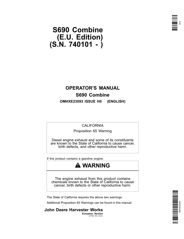 John Deere S690 Combines European Edition (740101-745100) Operator's Manual (OMHXE23093)