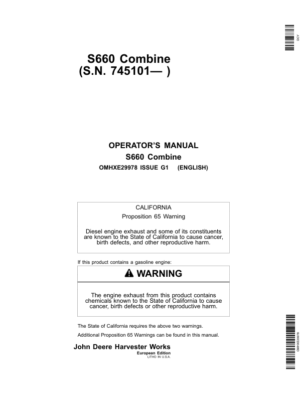 John Deere S660 Combine (745101-) Operator's Manual (OMHXE29978)