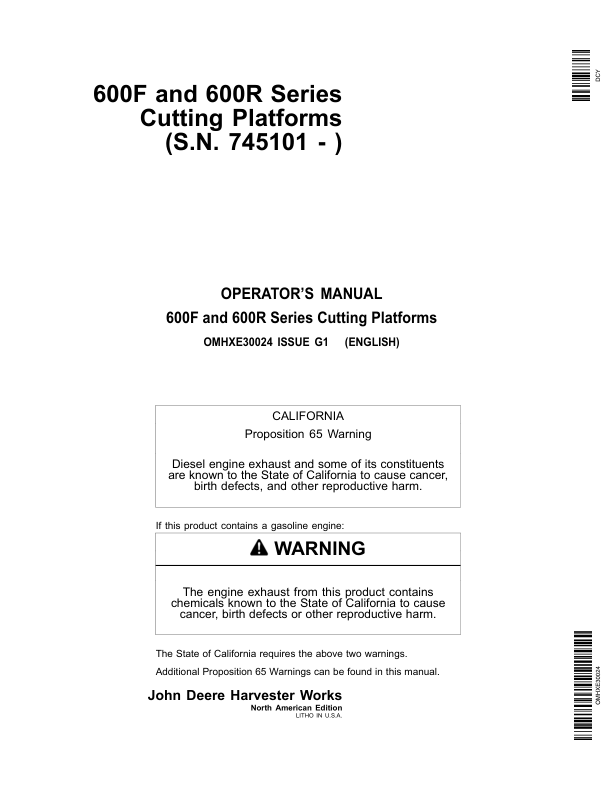John Deere 600 F&R Series Cutting Platforms North America (745101-755000) Operator's Manual (OMHXE30024)