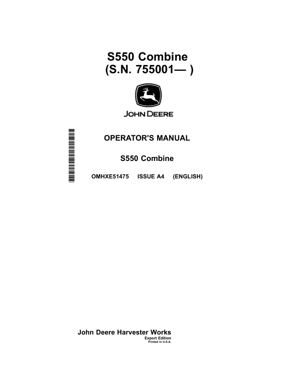 John Deere S550 Combine (755001-) Operator's Manual (OMHXE51475)