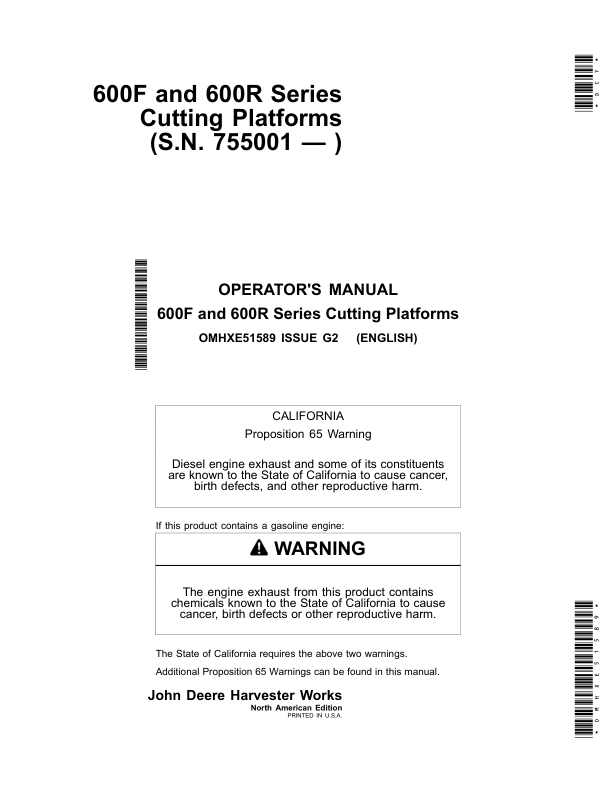John Deere 600 F&R Series Cutting Platforms Operator's Manual (OMHXE51589)
