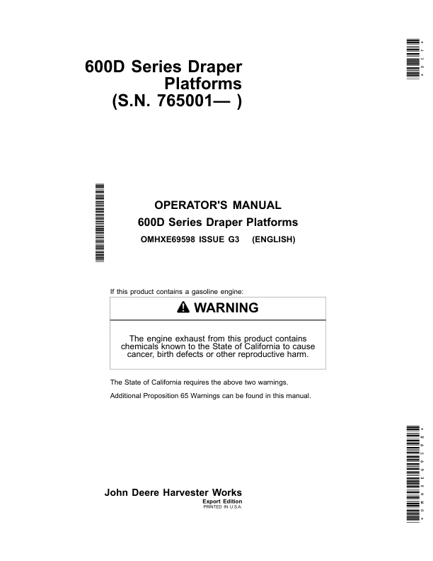 John Deere 600D Series Draper Platforms 625D, 630D, 635D & 640D Export Edition (765001-775000) Operator's Manual (OMHXE69598)