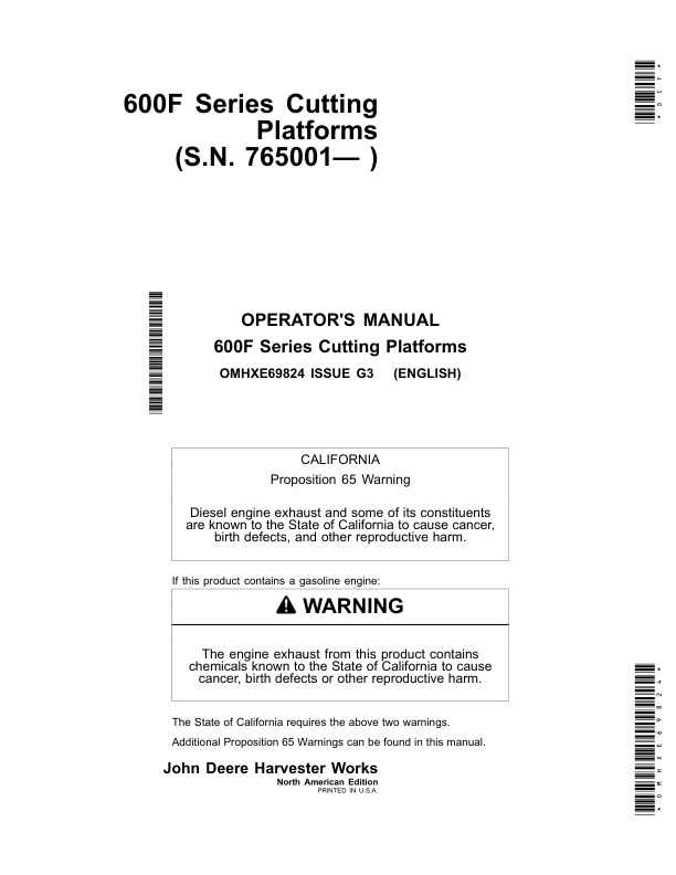 John Deere 600 F&R Series Cutting Platforms North America (765001-775000) Operator's Manual (OMHXE69824)