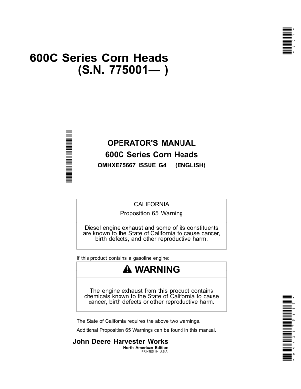 John Deere 600C Series Corn Head & StalkMaster North America (775001-785000) Operator's Manual (OMHXE75667)