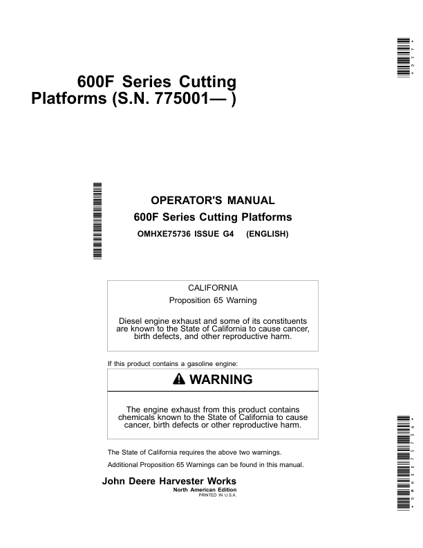 John Deere 600 F&R Series Cutting Platforms North America (775001-785000) Operator's Manual (OMHXE75736)
