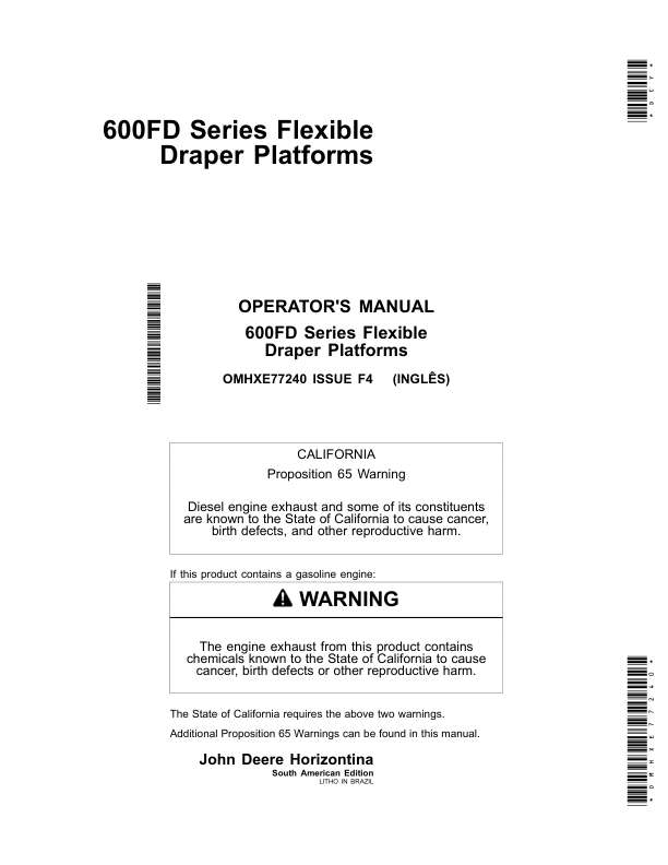 John Deere 600FD Series Flexible Draper Platforms South American Edition (000000-115099) Operator's Manual (OMHXE77240)