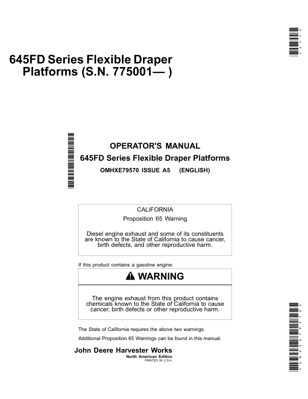 John Deere 645FD Series Flexible Draper Platforms North America (775001-785000) Operator's Manual (OMHXE79570)