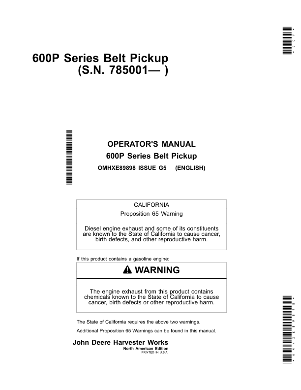 John Deere 600P Series Belt Pickups North America (785001- ) Operator's Manual (OMHXE89898)