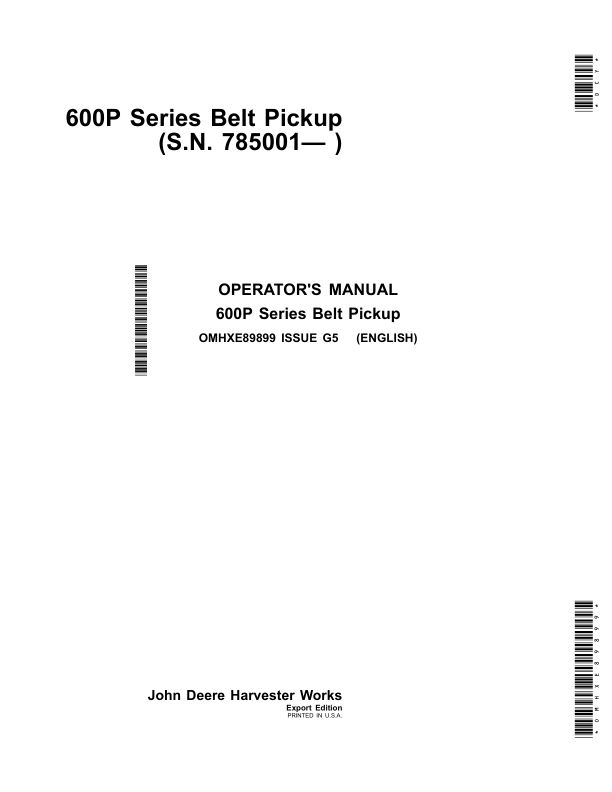 John Deere 600P Series Belt PickupsExport Edition (785001- ) Operator's Manual (OMHXE89899)