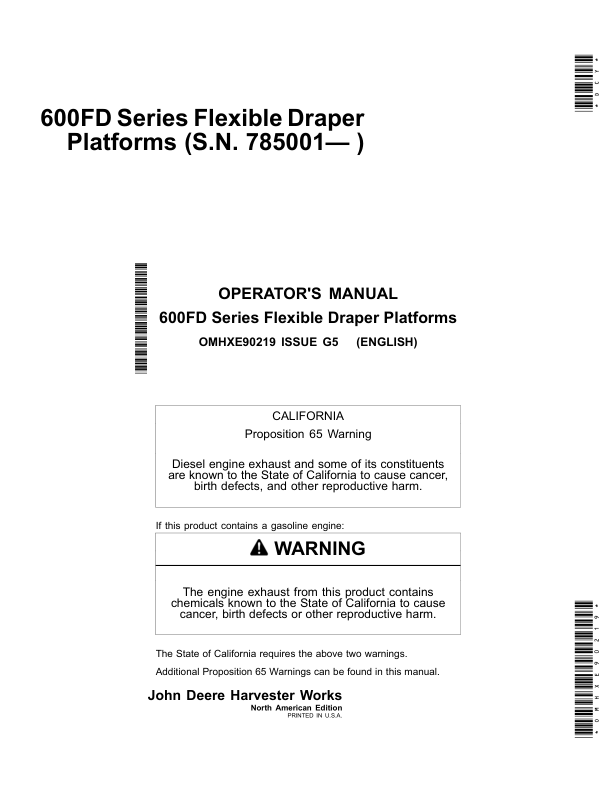 John Deere 600FD Series Flexible Draper Platforms 630FD, 635FD, 645FD, 640FD (785001-) (North American) Operator's Manual (OMHXE90219)