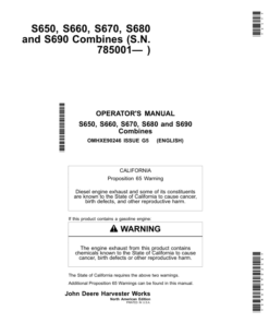 John Deere S650, S660, S670, S680 & S690 Combines North America (785001- ) Operator's Manual (OMHXE90246)