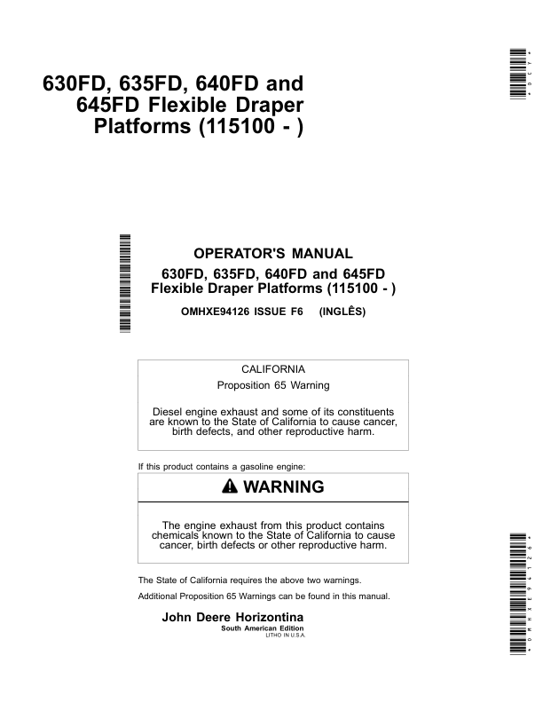 John Deere 630FD, 635FD, 640FD & 645FD Flexible Draper Platforms (South American Edition) Operator's Manual (OMHXE94126)