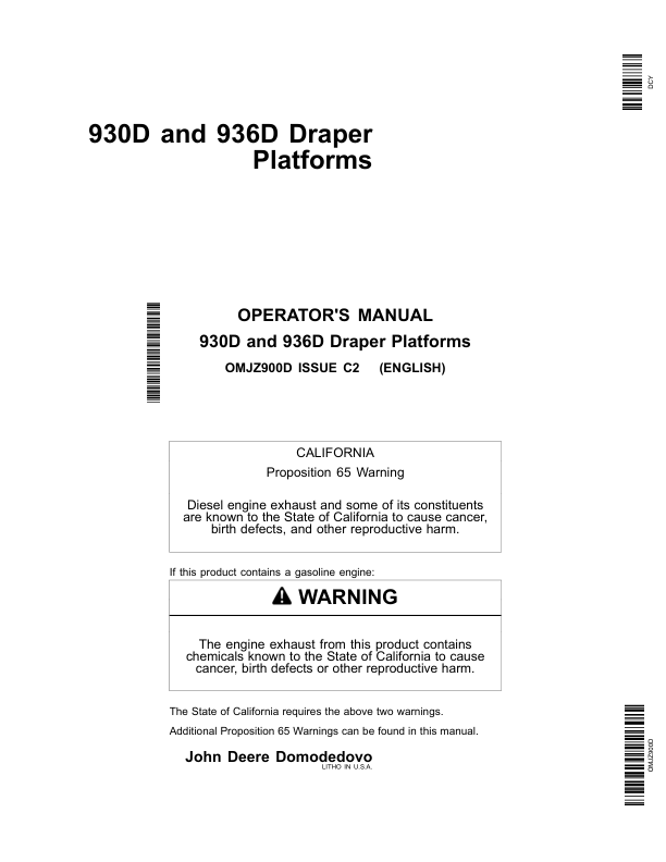 John Deere 930D & 936D Draper Platforms Export Edition (686151-740100) Assembled in Domodedovo, Russia Operator's Manual (OMJZ900D)