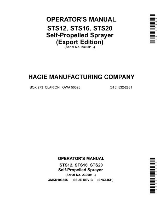 John Deere STS 12, STS 16, STS 20 Self-Propelled Sprayer (023001-024000) (Export Edition) Operator's Manual (OMKK103855)