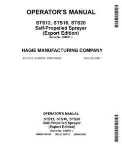 John Deere STS12, STS16, STS20 Self-Propelled Sprayer (Export Edition) Operator's Manual (OMKK104353)