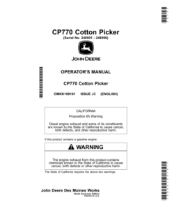 John Deere CP770 Cotton Picker (240001-248999) (North American) Operator's Manual (OMKK108191)