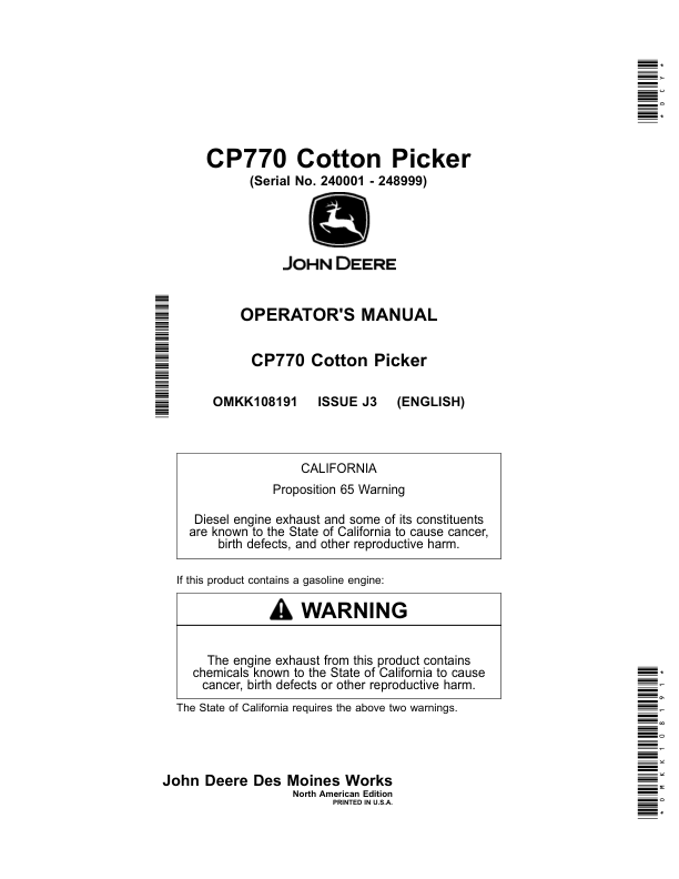 John Deere CP770 Cotton Picker (240001-248999) (North American) Operator's Manual (OMKK108191)