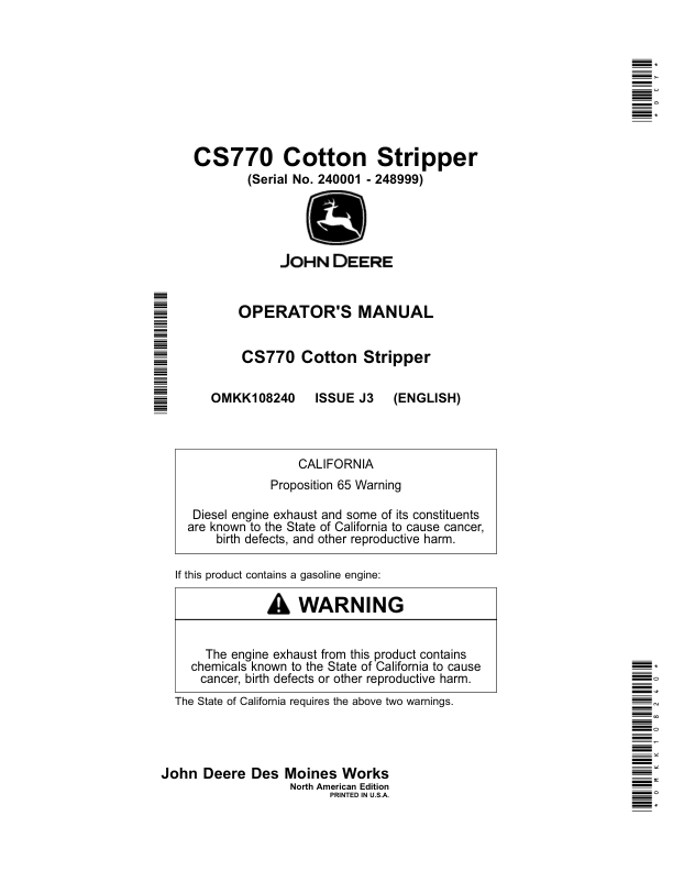 John Deere CS770 Cotton Stripper (240001-248999) (North American) Operator's Manual (OMKK108240)