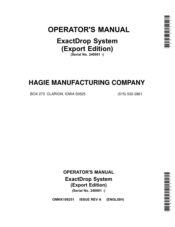 John Deere ExactDrop System (240001-) (Export Edition) Operator's Manual (OMKK109251)