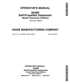John Deere 204SP Self-Propelled Detasseler (024001-) (North American) Operator's Manual (OMKK109717)