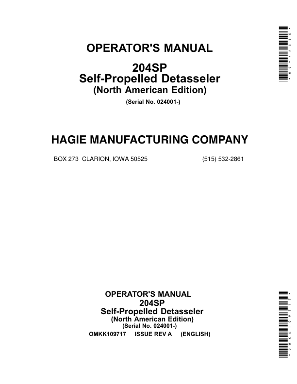 John Deere 204SP Self-Propelled Detasseler (024001-) (North American) Operator's Manual (OMKK109717)