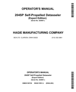 John Deere 204SP Self-Propelled Detasseler (024001-) (Export) Operator's Manual (OMKK109726)