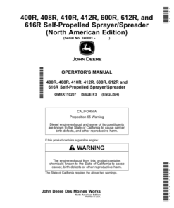 John Deere 400R, 408R, 410R, 412R, 600R, 612R, 616R Self-Propelled Sprayer/Spreader (240001-) (North American) Operator's Manual (OMKK110207)