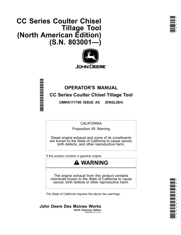 John Deere CC Series Coulter Chisel Tillage Tool (North American) (S.N. 803001—) Operator's Manual (OMKK111700)