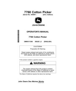 John Deere 7760 Cotton Picker (450001-) Operator's Manual (OMKK11360)
