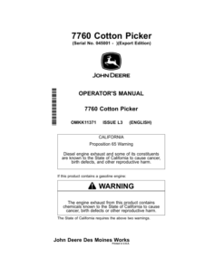 John Deere 7760 Cotton Picker (450001-) Operator's Manual (OMKK11371)