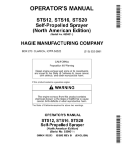 John Deere STS12, STS16, STS20 Self-Propelled Sprayer (025001-) (North American) Operator's Manual (OMKK115213)