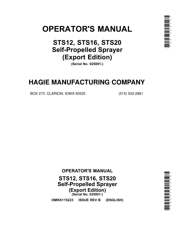 John Deere STS12, STS16, STS20 Self-Propelled Sprayer Operator's Manual (OMKK115223)