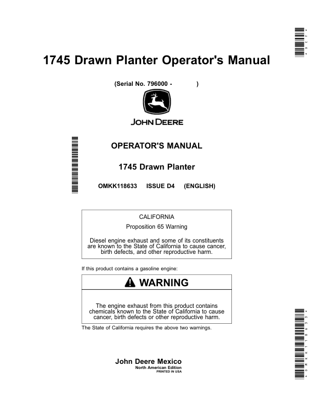 John Deere 1745 Drawn Planter Operator's Manual (OMKK118633)